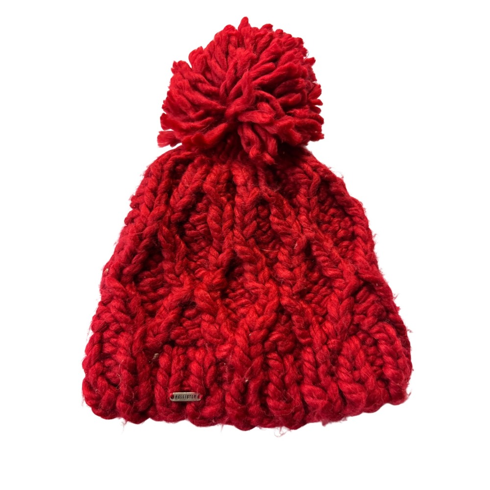 Hollister Red Chunky Cable Knit Pom-Pom Beanie Winter Hat